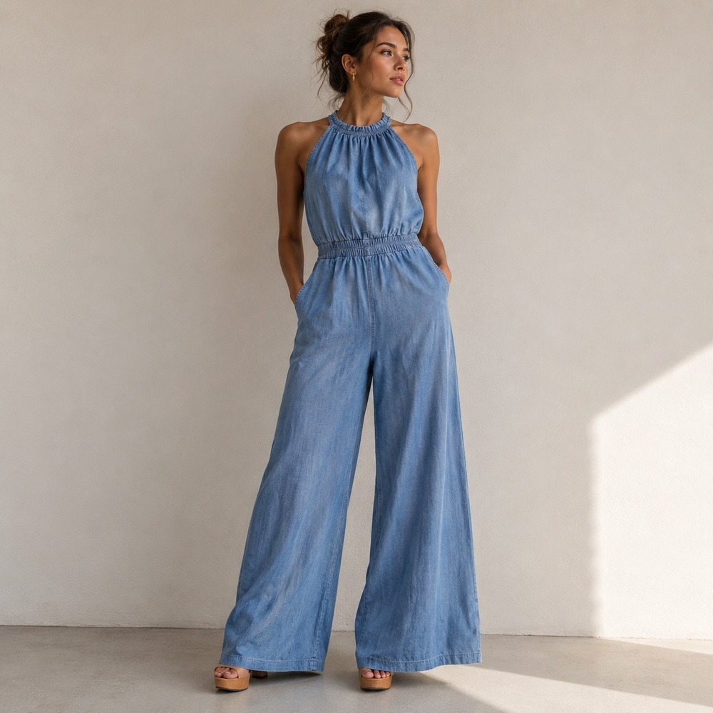 NWT EE:Some Small Chambray Wide Leg Jumpsuit High Neck Ruffle Elastic Waist
